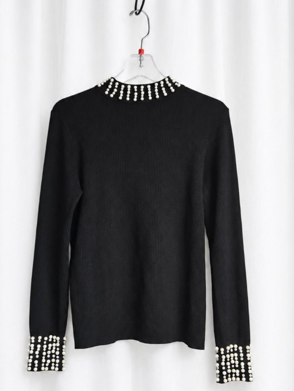 Adrianna Papell Black Pearl Rhinestone Embellished Crew Neck Ribbed Knit Sweater